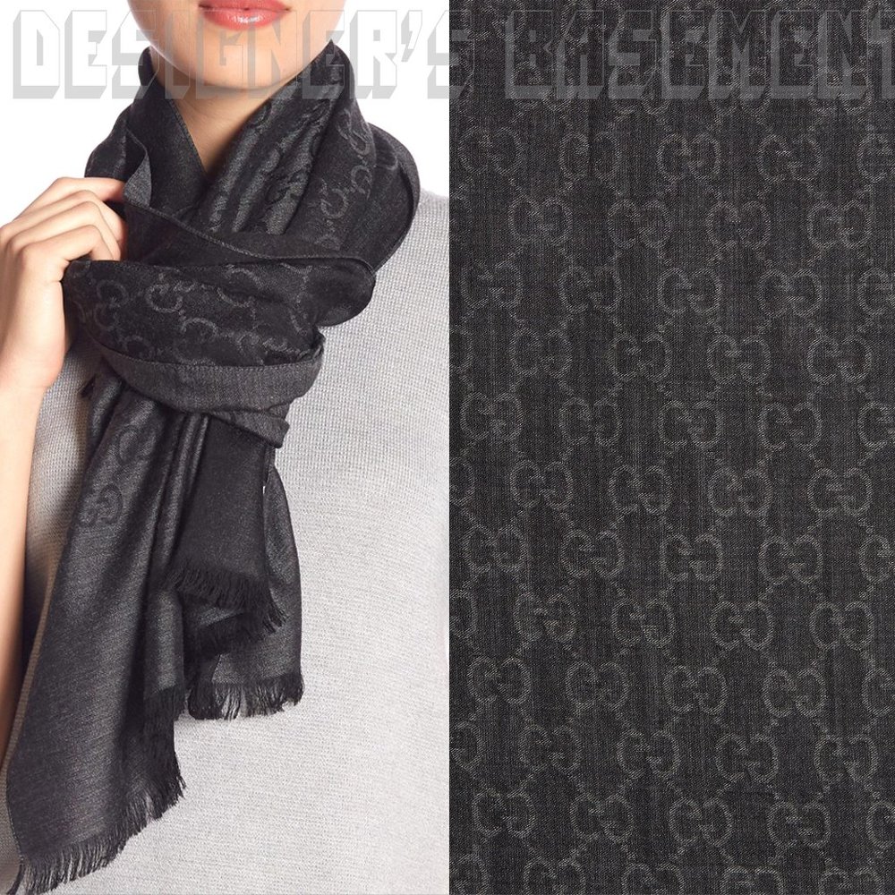 GUCCI Anthracite & gray GGNAT wool & silk 18"x70" shawl Pashmina scarf NWT